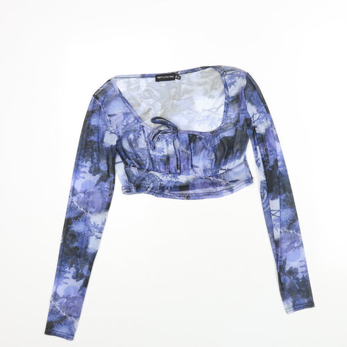 PRETTYLITTLETHING Womens Blue Geometric Polyester Cropped Blouse Size 12 Scoop Neck - Rouched Bow Dragon Print Semi Sheer