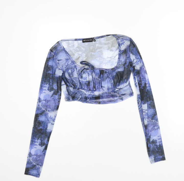 PRETTYLITTLETHING Womens Blue Geometric Polyester Cropped Blouse Size 12 Scoop Neck - Rouched Bow Dragon Print Semi Sheer