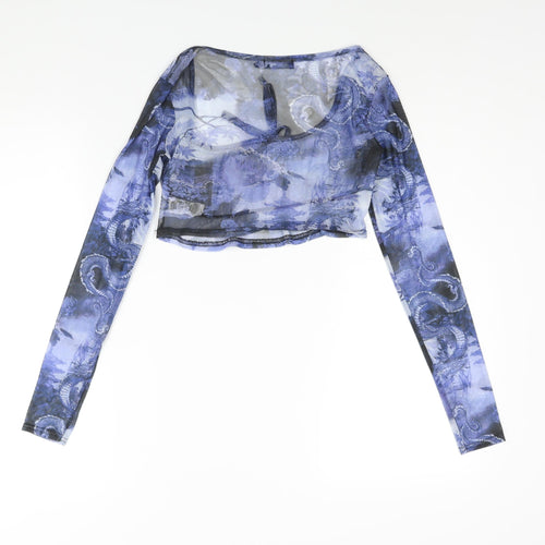 PRETTYLITTLETHING Womens Blue Geometric Polyester Cropped Blouse Size 12 Scoop Neck - Rouched Bow Dragon Print Semi Sheer