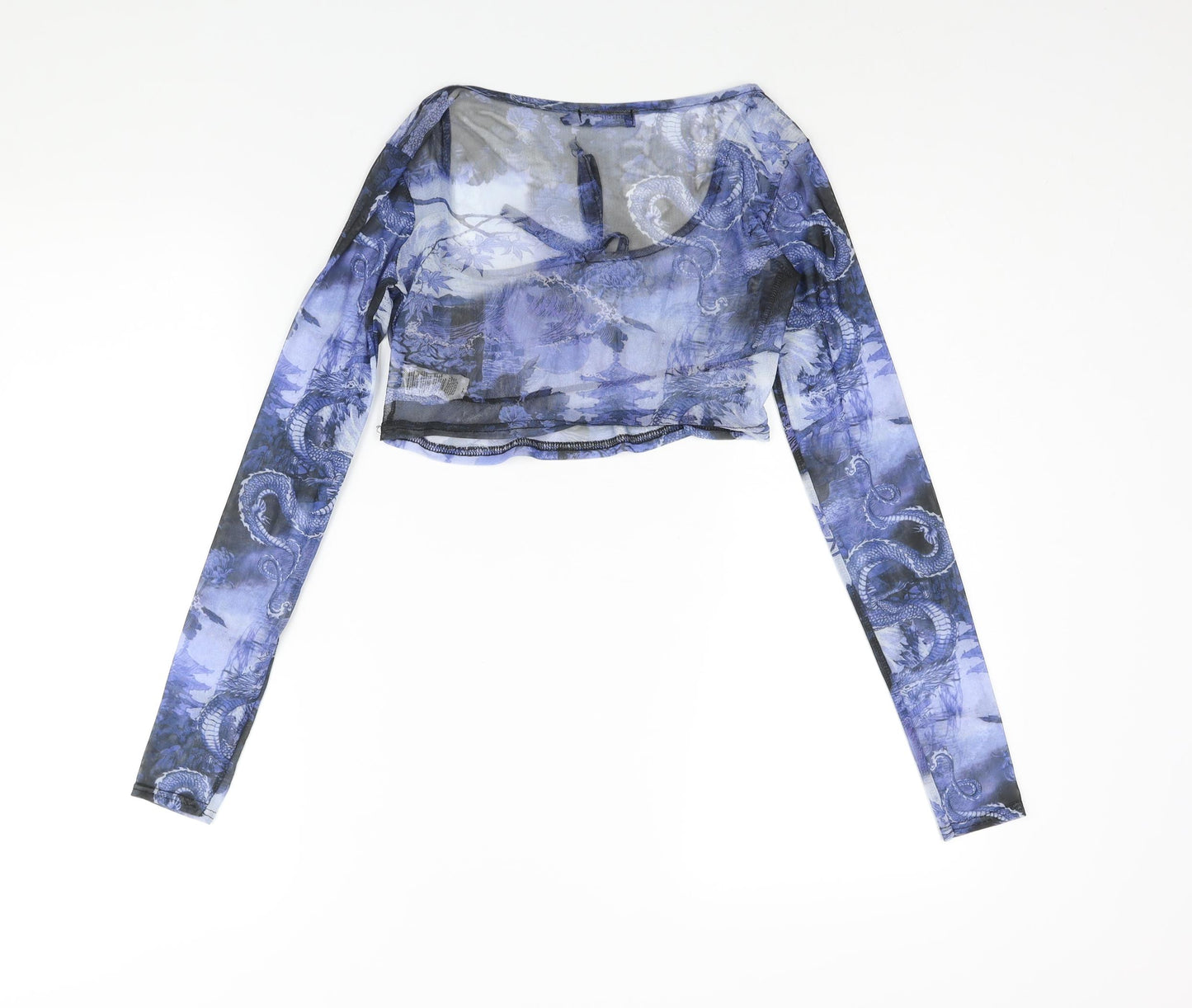 PRETTYLITTLETHING Womens Blue Geometric Polyester Cropped Blouse Size 12 Scoop Neck - Rouched Bow Dragon Print Semi Sheer