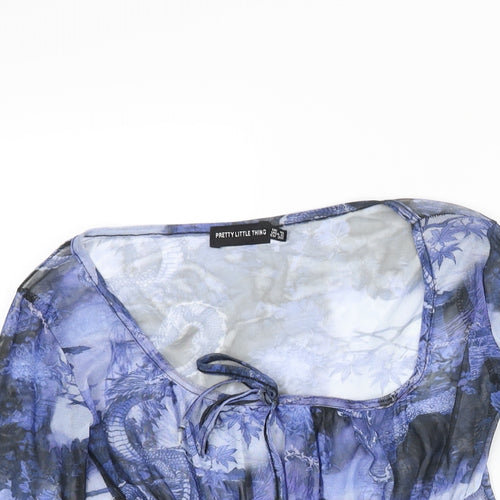 PRETTYLITTLETHING Womens Blue Geometric Polyester Cropped Blouse Size 12 Scoop Neck - Rouched Bow Dragon Print Semi Sheer