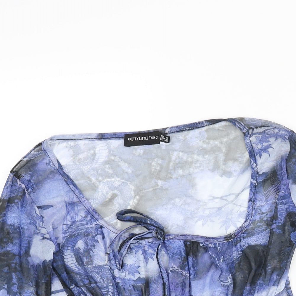PRETTYLITTLETHING Womens Blue Geometric Polyester Cropped Blouse Size 12 Scoop Neck - Rouched Bow Dragon Print Semi Sheer
