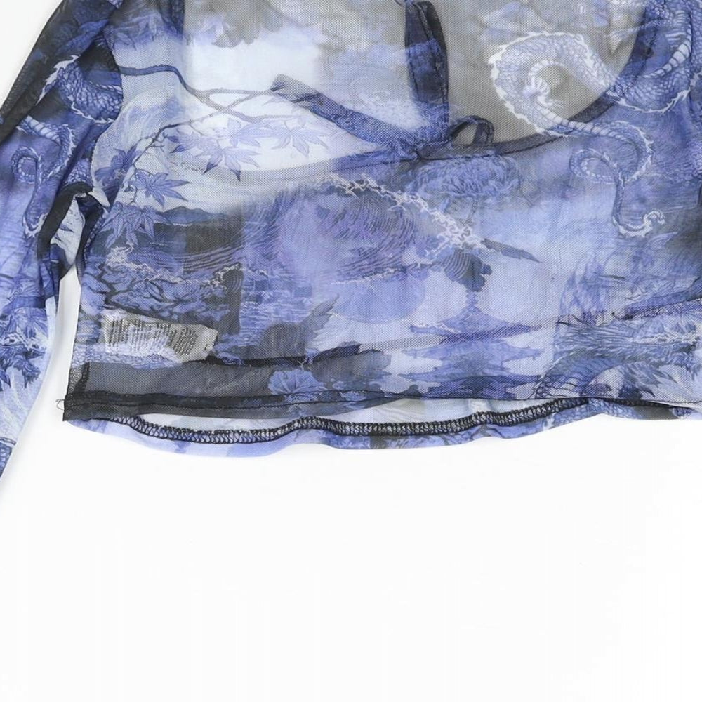 PRETTYLITTLETHING Womens Blue Geometric Polyester Cropped Blouse Size 12 Scoop Neck - Rouched Bow Dragon Print Semi Sheer