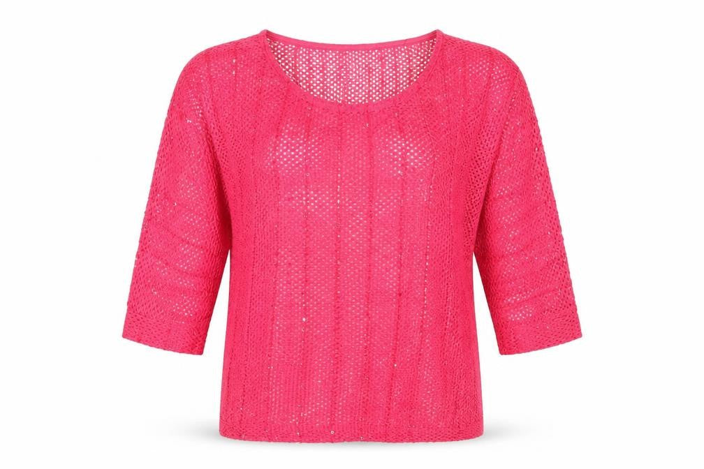 Front view of Next women’s pink round neck acrylic jumper, size UK 10, - sequin detail
