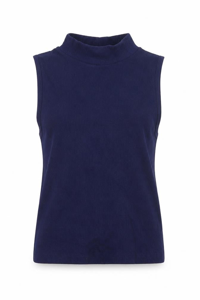 Front view of Stradivarius women’s blue polyamide basic tank, size M, mock neck - ribbed