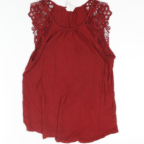 H&M Womens Red Viscose Basic Blouse Size XS Round Neck - Lace Sleeve