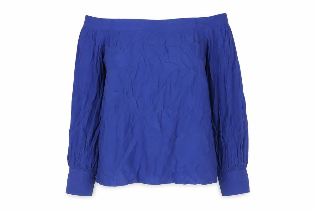 Front view of Warehouse women’s blue polyester basic blouse, size UK 10, off the shoulder