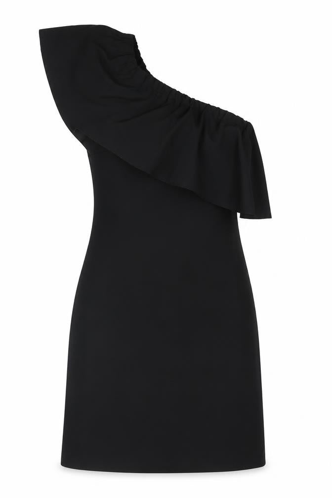 Front view of Warehouse women’s black polyester bodycon, size UK 10, one shoulder pullover - frill