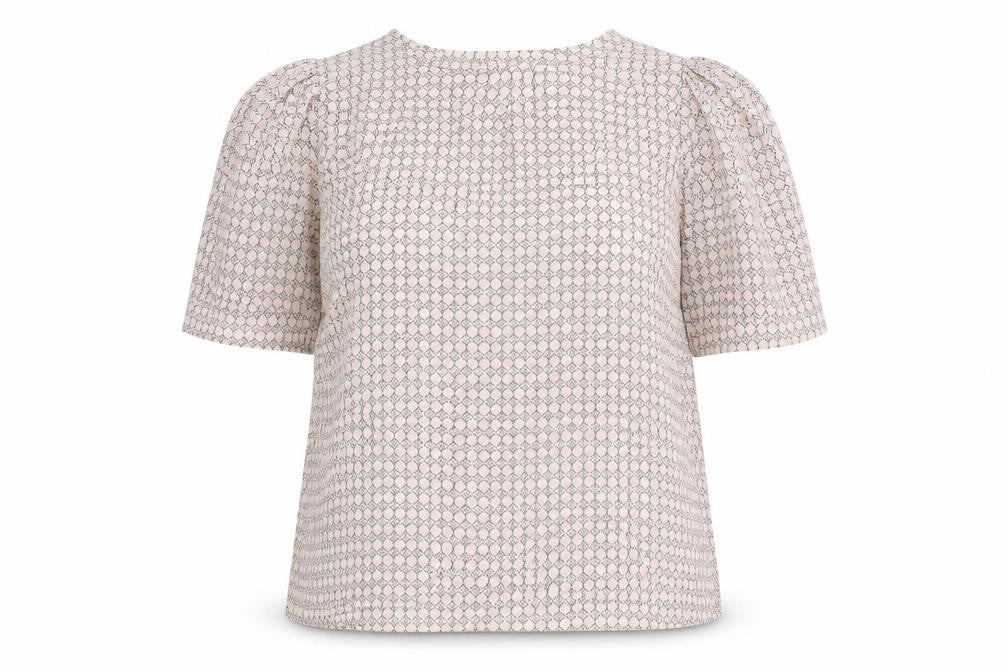 Front view of Debenhams women’s pink geometric polyester basic blouse, size UK 12, round neck