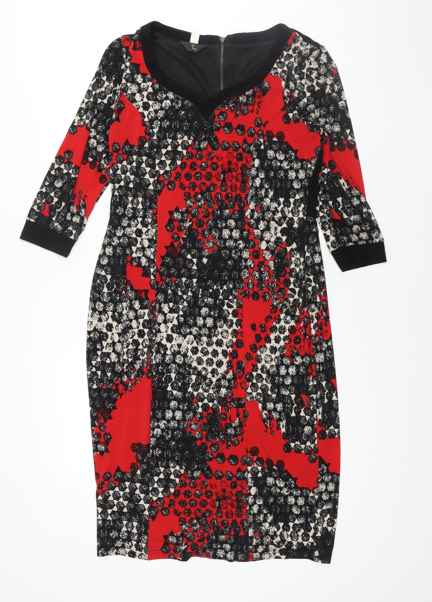 Tia Womens Multicoloured Geometric Polyester Pencil Dress Size 14 Round Neck Zip