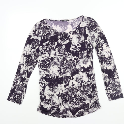 Roman Womens Purple Floral Polyester Basic Blouse Size 10 Round Neck - Sequin Detail Rouched