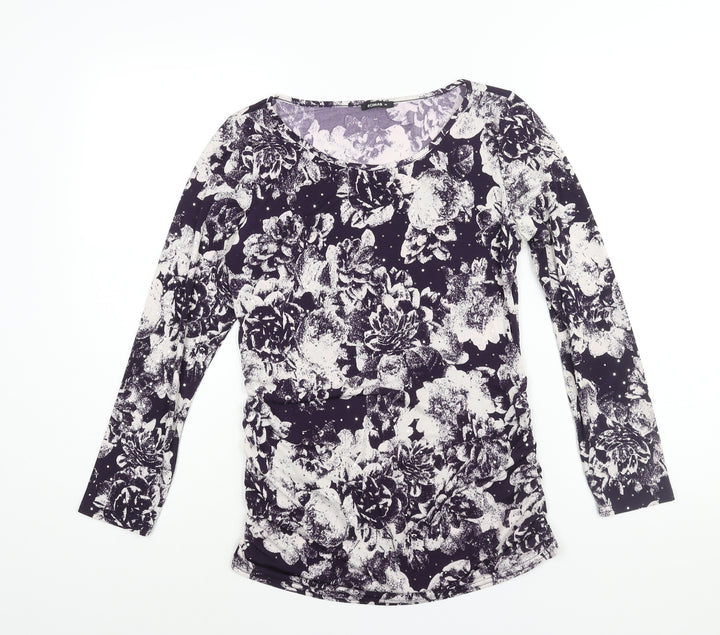 Roman Womens Purple Floral Polyester Basic Blouse Size 10 Round Neck - Sequin Detail Rouched