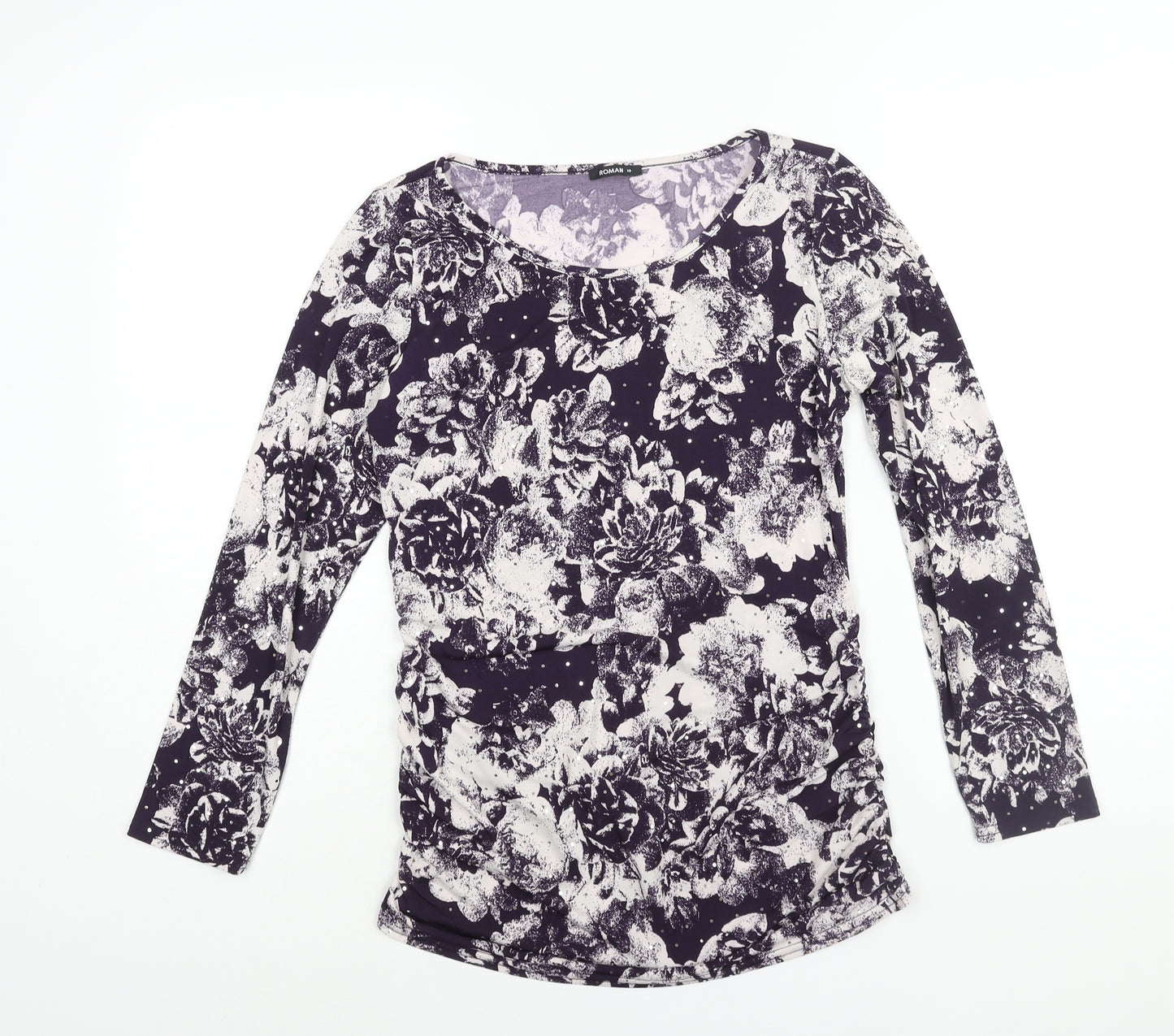 Roman Womens Purple Floral Polyester Basic Blouse Size 10 Round Neck - Sequin Detail Rouched