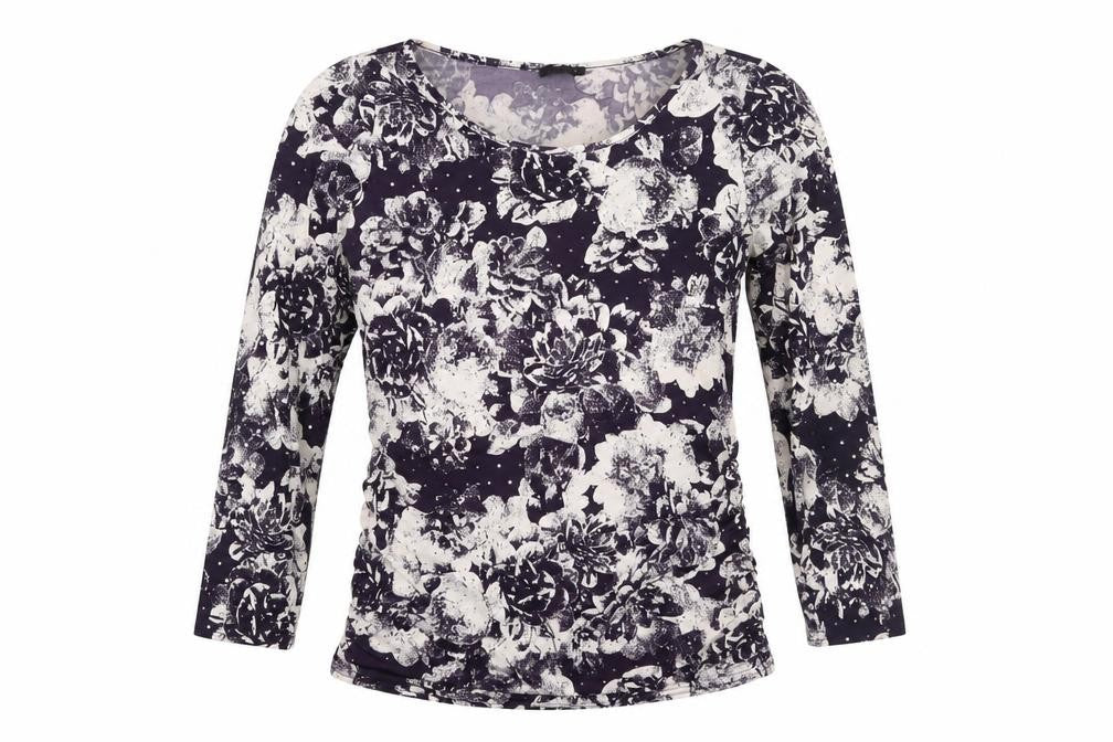 Front view of Roman women’s purple floral polyester basic blouse, size UK 10, round neck - sequin detail rouched