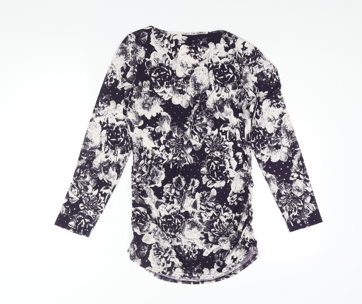 Roman Womens Purple Floral Polyester Basic Blouse Size 10 Round Neck - Sequin Detail Rouched