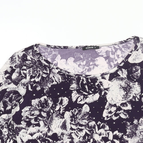 Roman Womens Purple Floral Polyester Basic Blouse Size 10 Round Neck - Sequin Detail Rouched