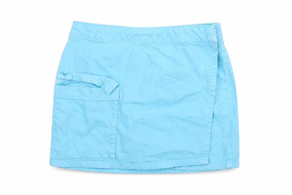 Front view of Denim & Co. women’s blue cotton wrap skirt, size UK 10, button - pocket