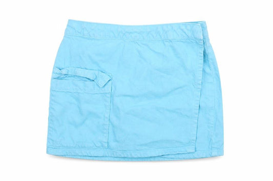 Front view of Denim & Co. women’s blue cotton wrap skirt, size UK 10, button - pocket