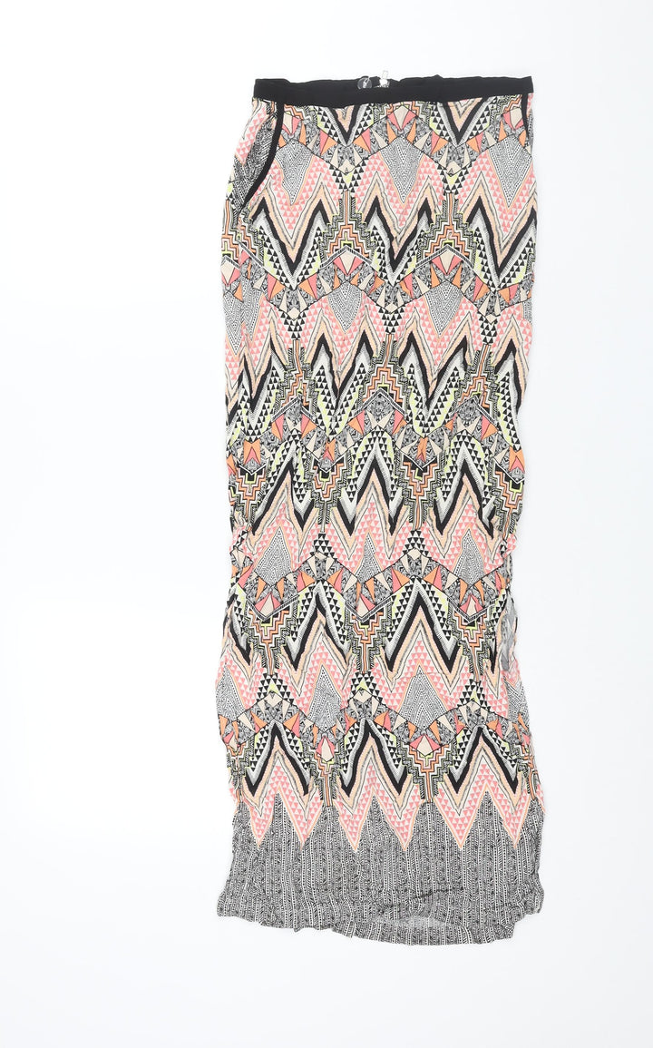 Warehouse Womens Multicoloured Geometric Viscose Maxi Skirt Size 6 Zip - Side Slits