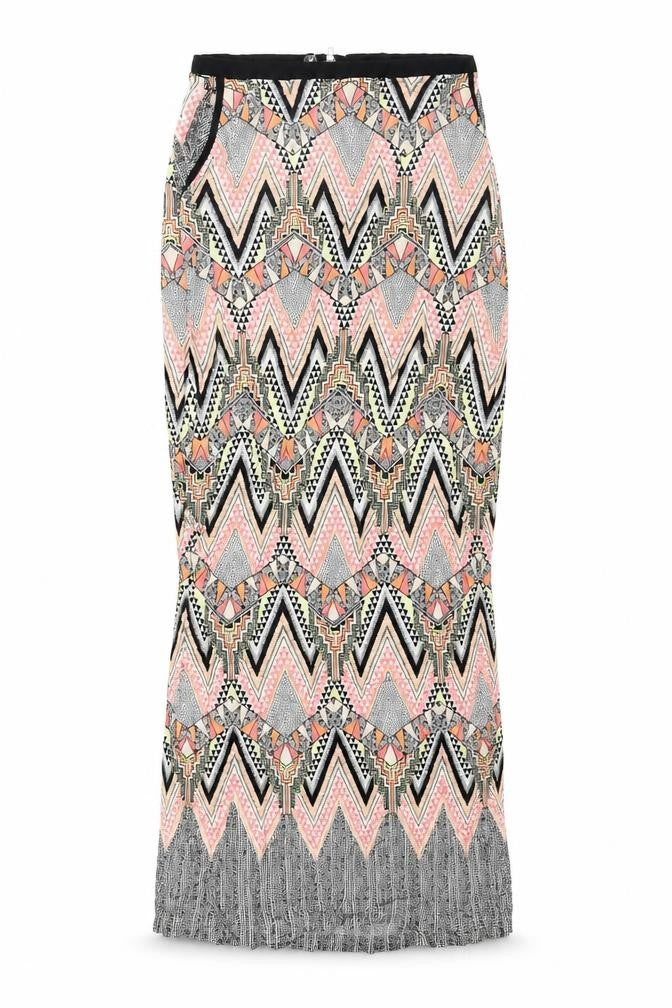 Front view of Warehouse women’s multicoloured geometric viscose maxi skirt, size UK 6, zip - side slits