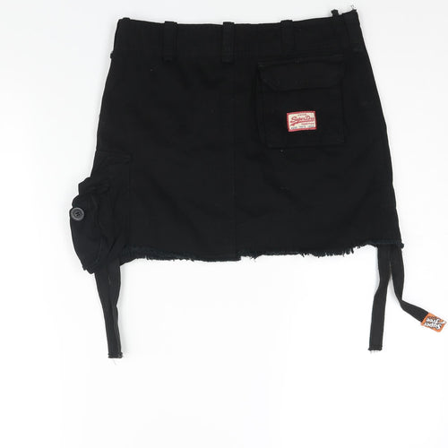 Superdry Womens Black Cotton Mini Skirt Size S Zip - Pockets Logo