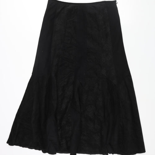 Per Una Womens Black Cotton A-Line Skirt Size 12 Zip - Corduroy Lace Patch