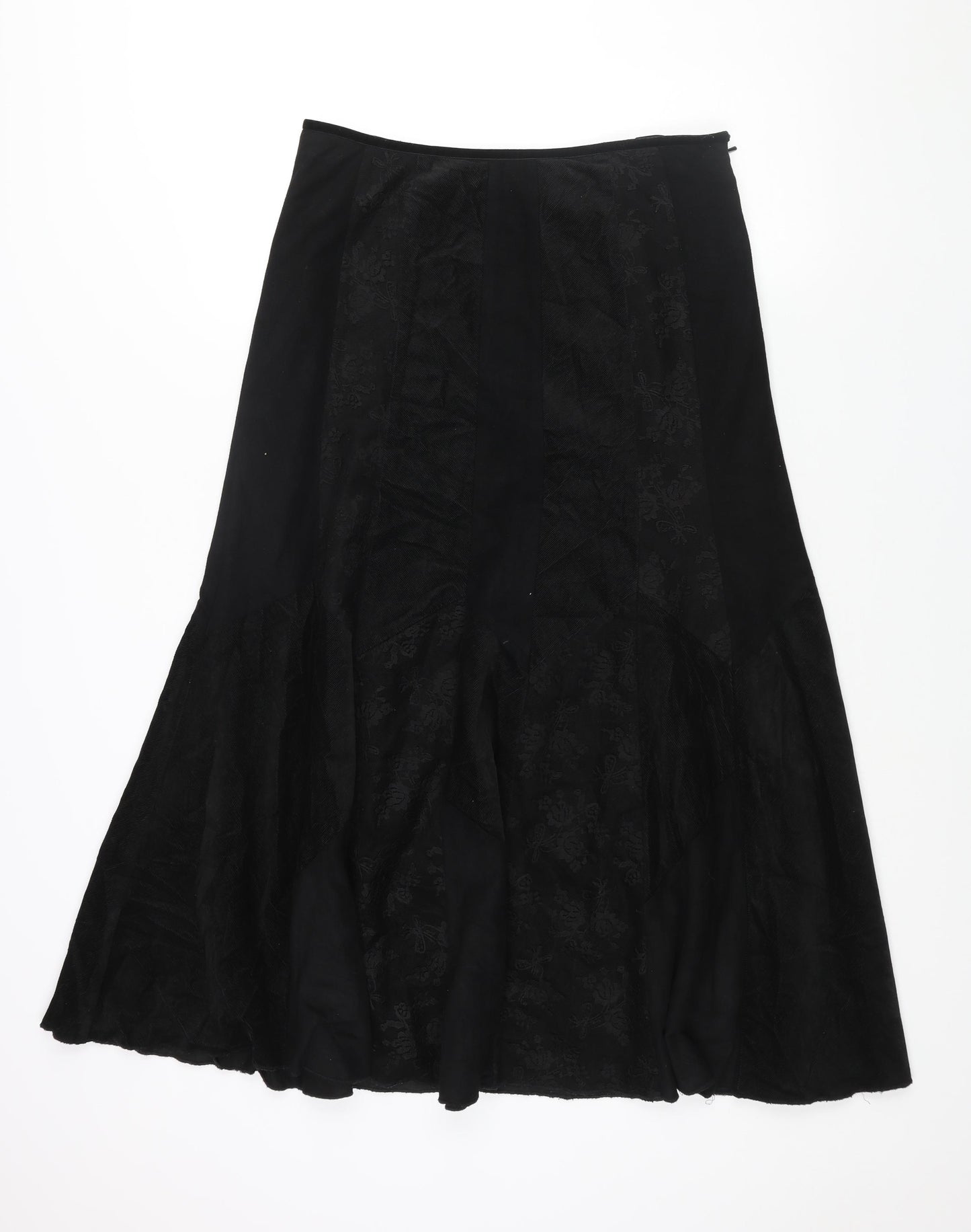 Per Una Womens Black Cotton A-Line Skirt Size 12 Zip - Corduroy Lace Patch