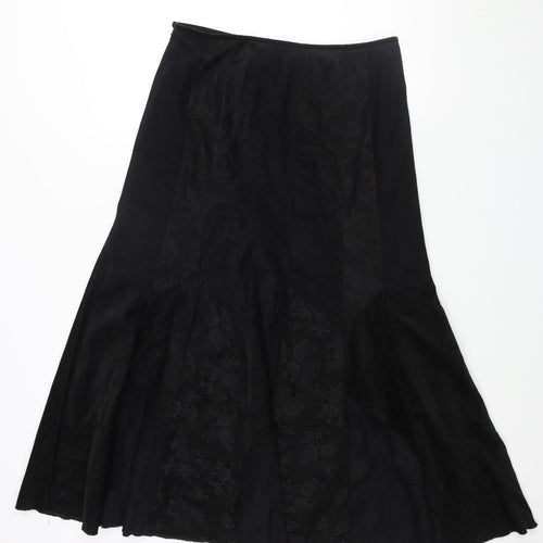 Per Una Womens Black Cotton A-Line Skirt Size 12 Zip - Corduroy Lace Patch