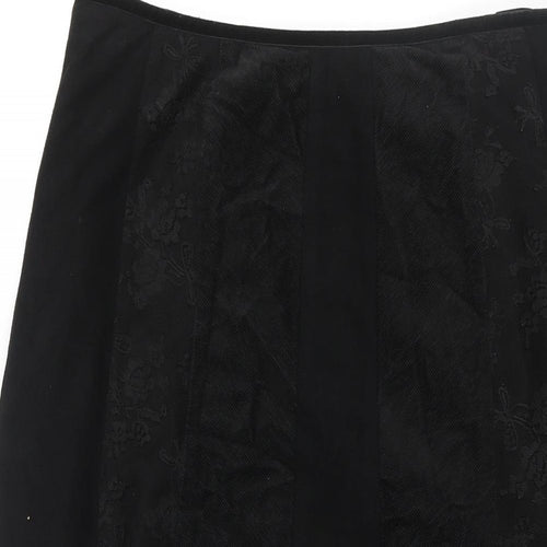 Per Una Womens Black Cotton A-Line Skirt Size 12 Zip - Corduroy Lace Patch