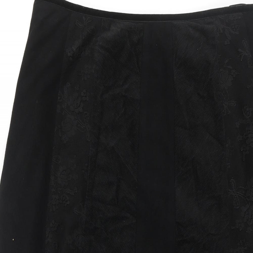 Per Una Womens Black Cotton A-Line Skirt Size 12 Zip - Corduroy Lace Patch