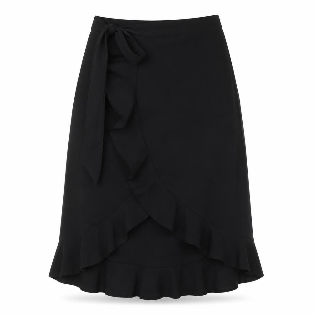 Front view of Rae women’s black polyester wrap skirt, size UK 8, tie - frill