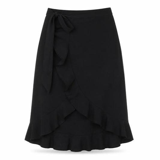 Front view of Rae women’s black polyester wrap skirt, size UK 8, tie - frill