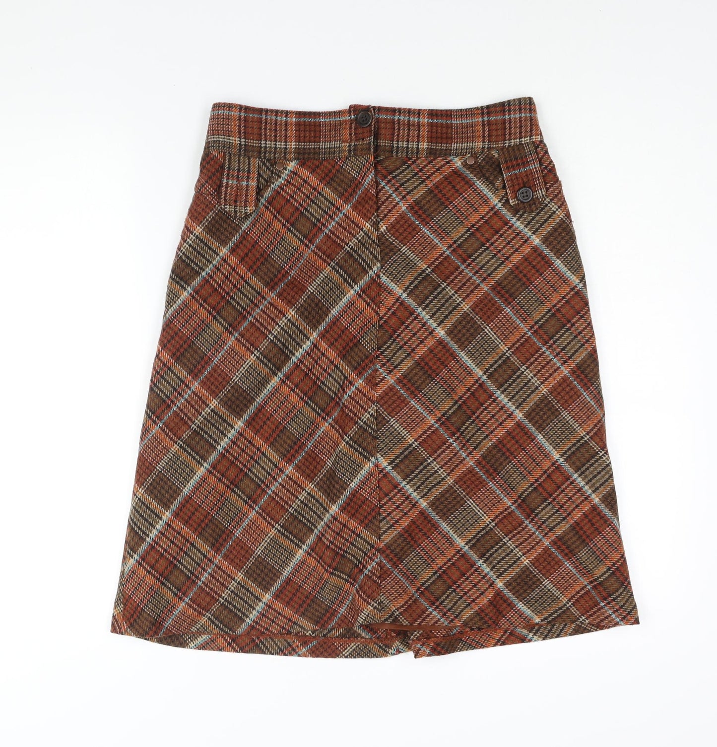 H&M Womens Brown Check Acrylic A-Line Skirt Size 8 Zip