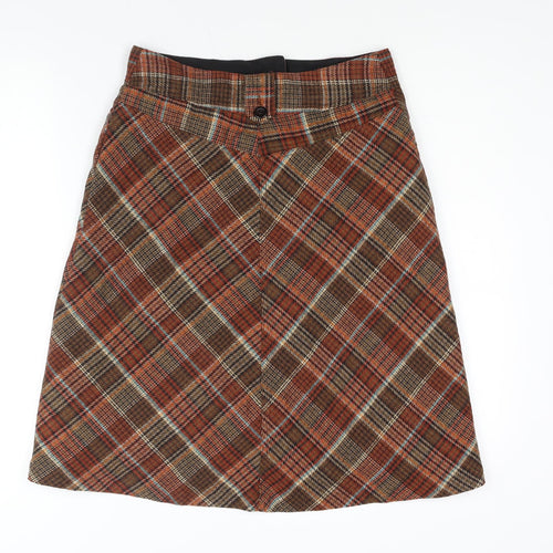 H&M Womens Brown Check Acrylic A-Line Skirt Size 8 Zip