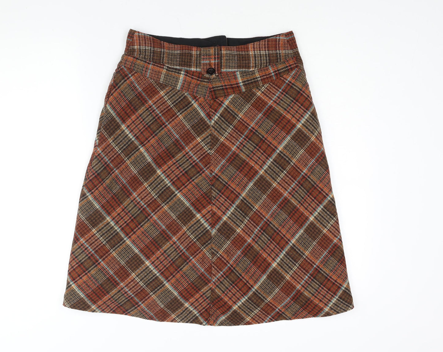 H&M Womens Brown Check Acrylic A-Line Skirt Size 8 Zip