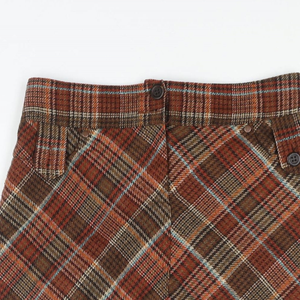 H&M Womens Brown Check Acrylic A-Line Skirt Size 8 Zip