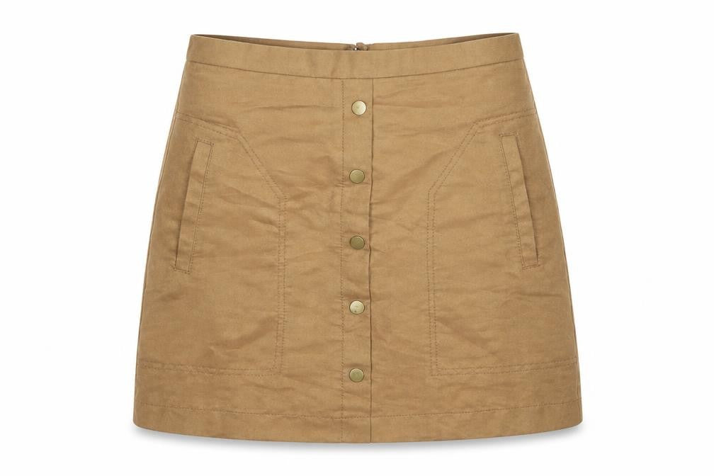 Front view of H&M women’s brown polyester a-line skirt, size UK 8, zip