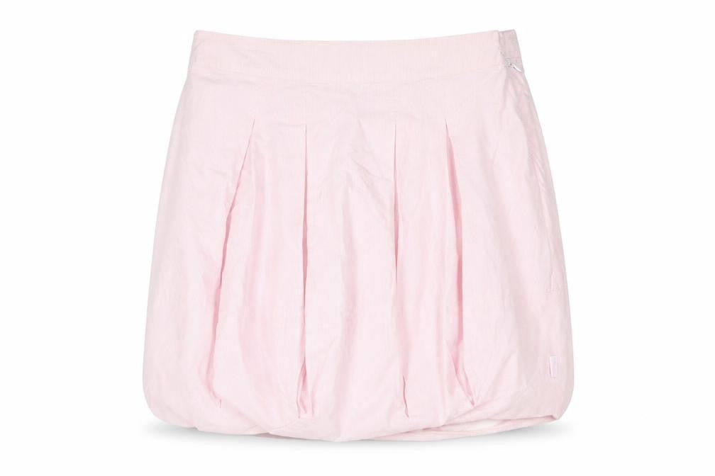 Front view of Lottum women’s pink striped polyester mini skirt, size UK 8, zip