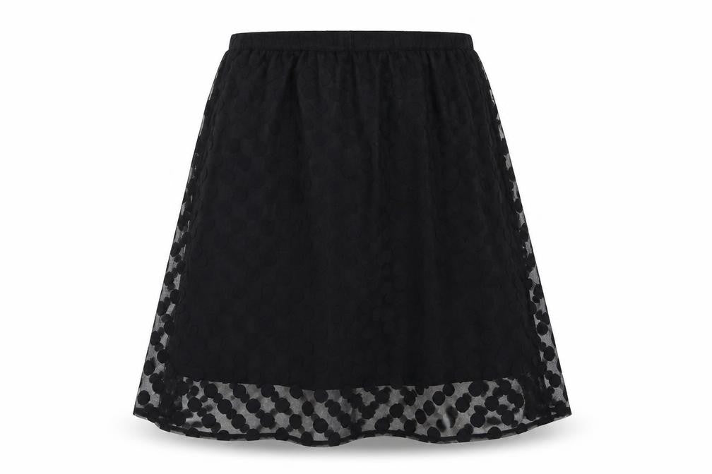 Front view of Numph women’s black polka dot polyamide a-line skirt, size UK 14