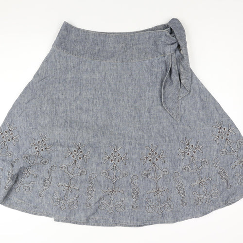 NEXT Womens Blue Linen Flare Skirt Size 12 Button - Floral Embroidery Tie Detail