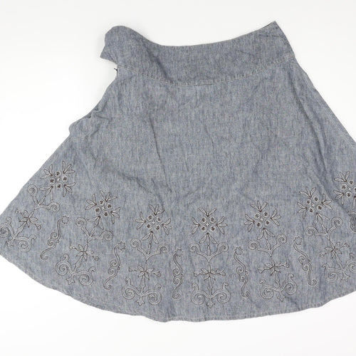 NEXT Womens Blue Linen Flare Skirt Size 12 Button - Floral Embroidery Tie Detail