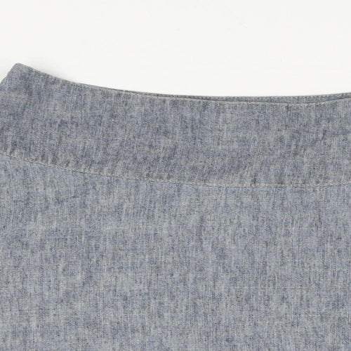 NEXT Womens Blue Linen Flare Skirt Size 12 Button - Floral Embroidery Tie Detail