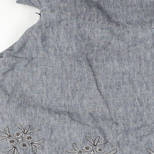 NEXT Womens Blue Linen Flare Skirt Size 12 Button - Floral Embroidery Tie Detail