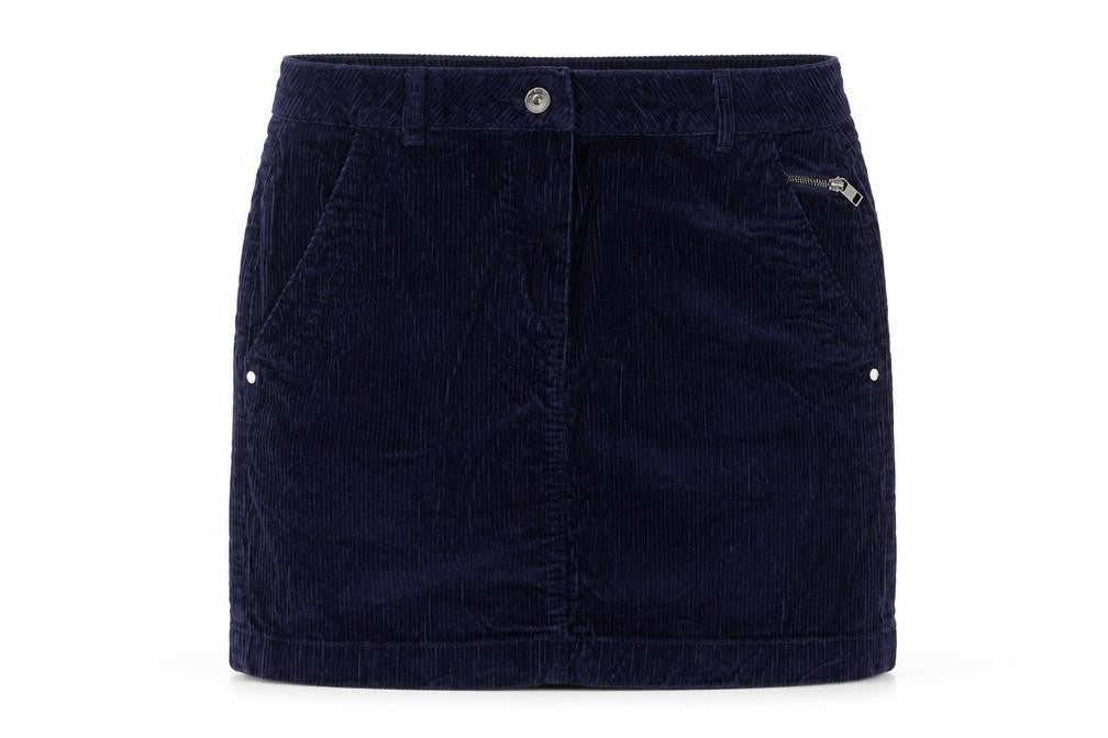 Front view of Next women’s blue cotton mini skirt, size UK 12, zip