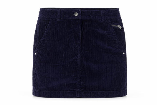 Front view of Next women’s blue cotton mini skirt, size UK 12, zip