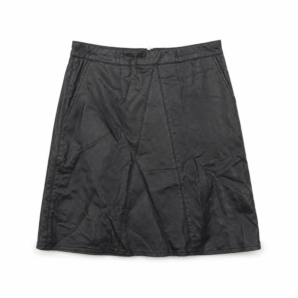 Front view of Glassons women’s black polyurethane a-line skirt, size UK 10, zip