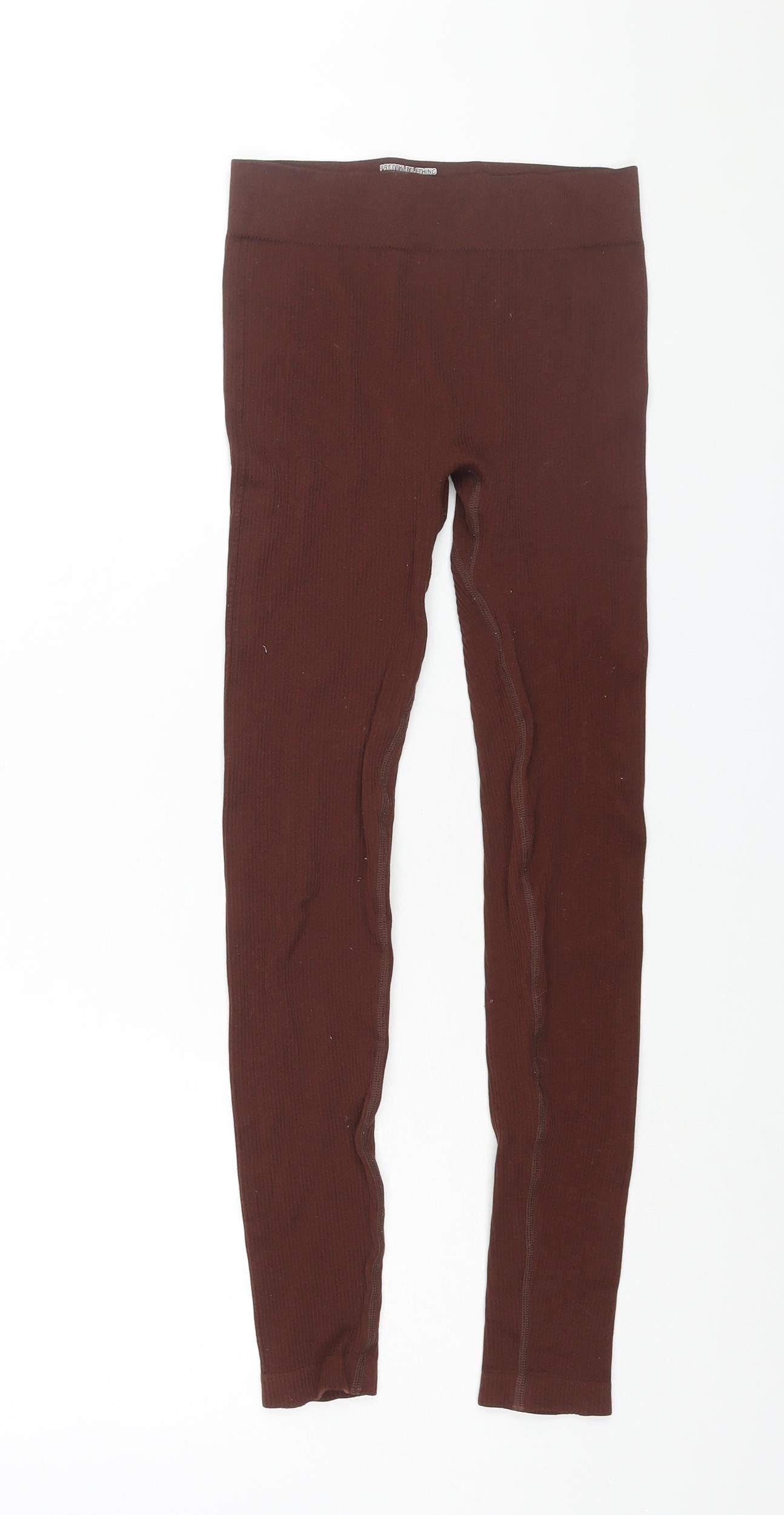 PRETTYLITTLETHING Womens Brown Polyamide Cropped Leggings Size S L25 in - Ribbed