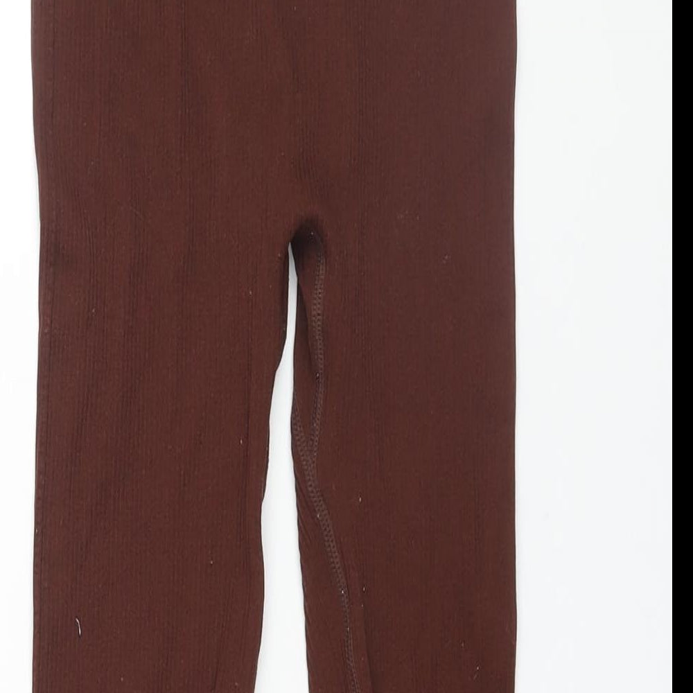 PRETTYLITTLETHING Womens Brown Polyamide Cropped Leggings Size S L25 in - Ribbed