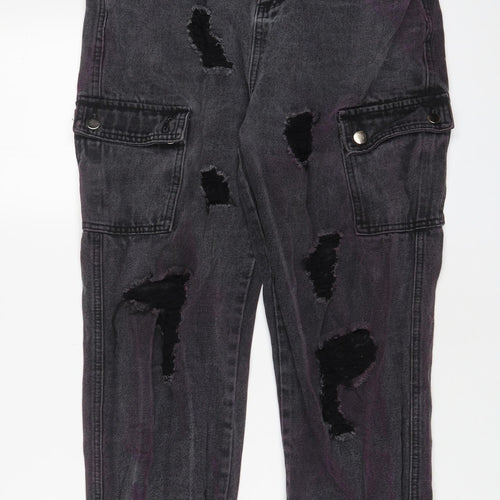 PRETTYLITTLETHING Womens Grey Cotton Tapered Jeans Size 10 L27 in Regular Zip - Purple tint, Cuffed