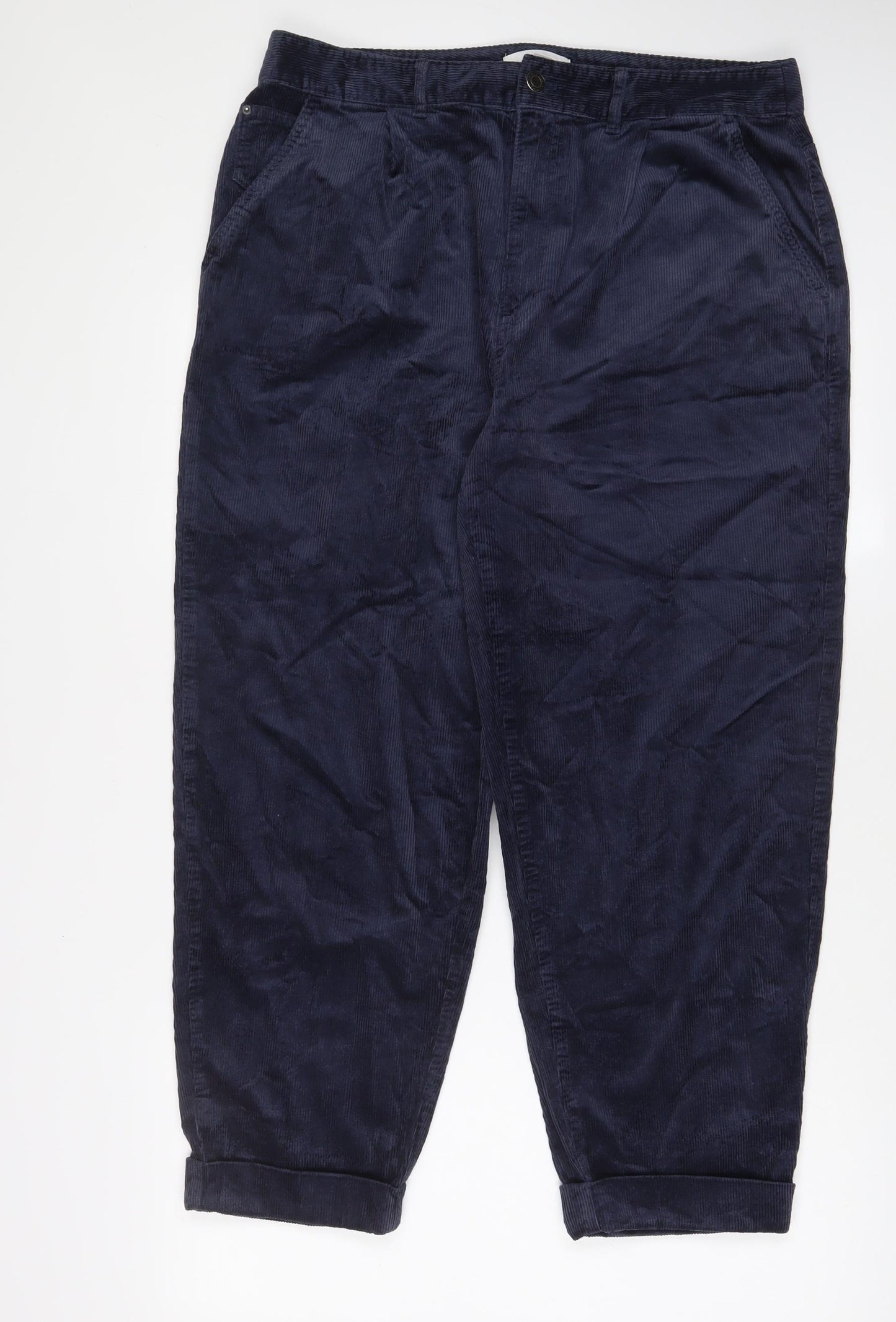 Per Una Womens Blue Cotton Trousers Size 16 L26 in Regular Zip - Pockets